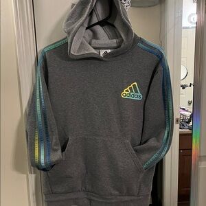 Adidas Gray Hoodie with Blue and Yellow Accents Stripes